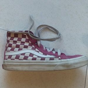 pink and white checkered high top vans